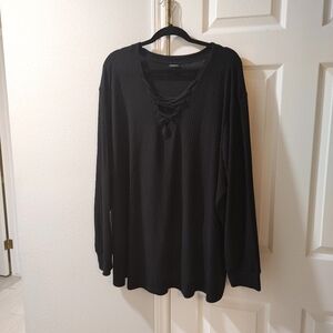 Torrid 4 26W Black Textured Waffle Knit V-Neck Loose Fit Long Sleeve stretch Top